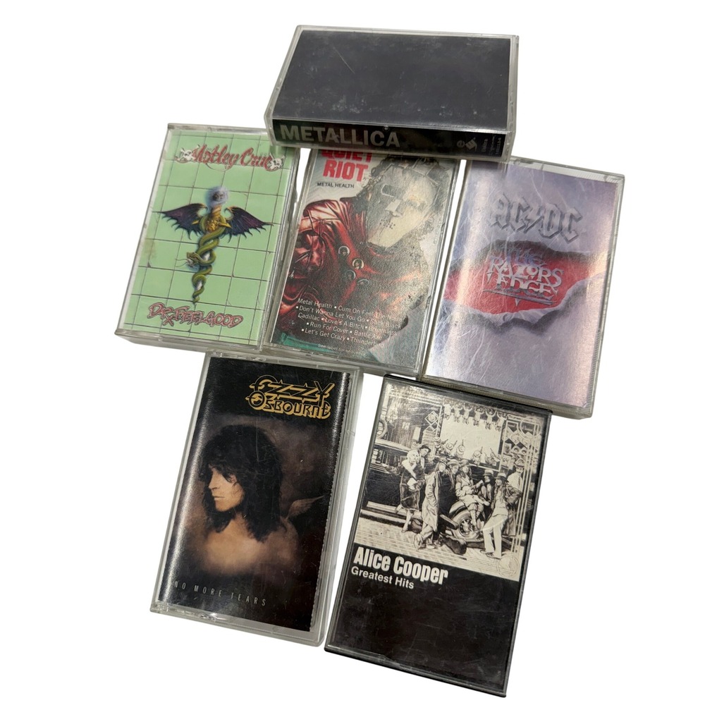 Lot of 6 Rock Metal Cassette Tapes Ozzy Metallica AC/DC Motley Crue Alice Cooper